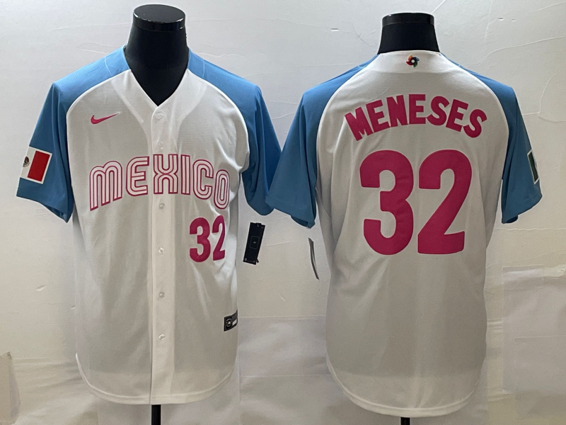 Men's Mexico Baseball #32 Joey Meneses 2023 White Blue World Baseball Classic Stitched Jersey Men's Mexico Baseball #32 Joey Meneses 2023 White Blue World Baseball Classic Stitched Jersey